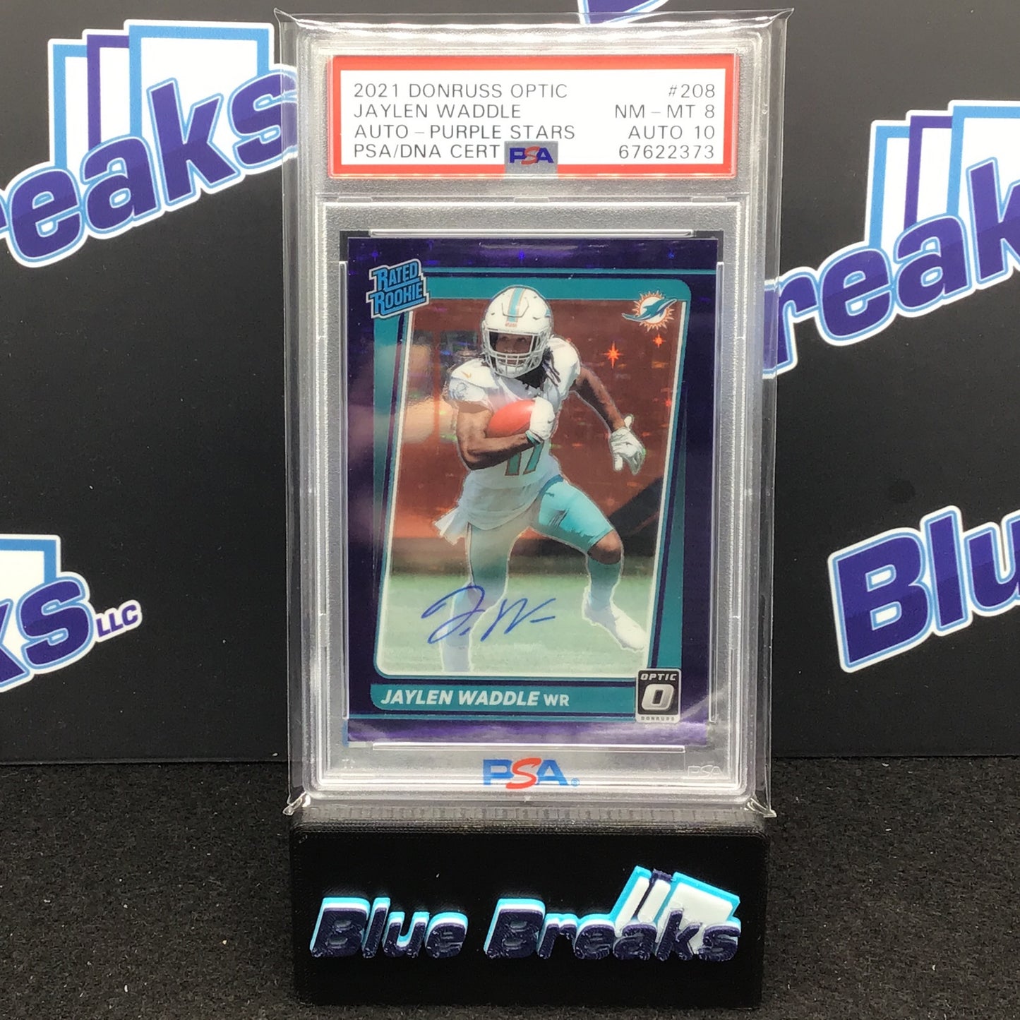 2021 Donruss Optic - Jaylen Waddle - Auto - Purple Stars - Miami Dolphins - PSA 8 / 10