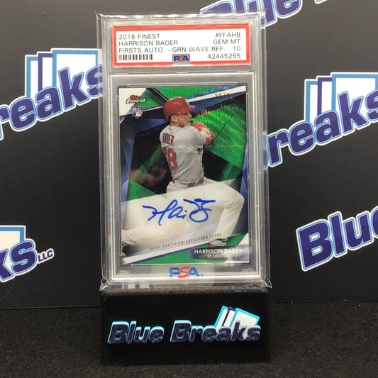 2018 Finest - Harrison Bader - First Auto - Green Wave Refractor - St Louis Cardinals - Gem Mt 10