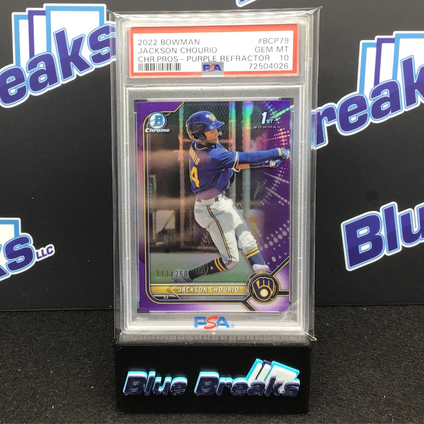 2022 Bowman - Jackson Chourio - Purple Refractor - 111/250 - PSA 10 - Milwaukee Brewers