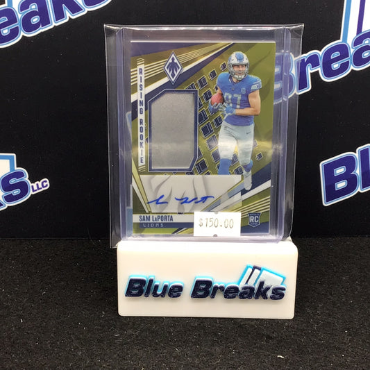 2023 Panini Phoenix gold Rising Rookie Sam LaPorta relic auto 12/25 RC #RMS-SLA Lions
