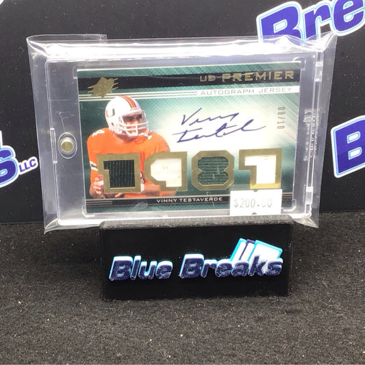 2013 Upper Deck SPX Premier Vinny Testaverde autograph jersey 08/10 #34 Hurricanes
