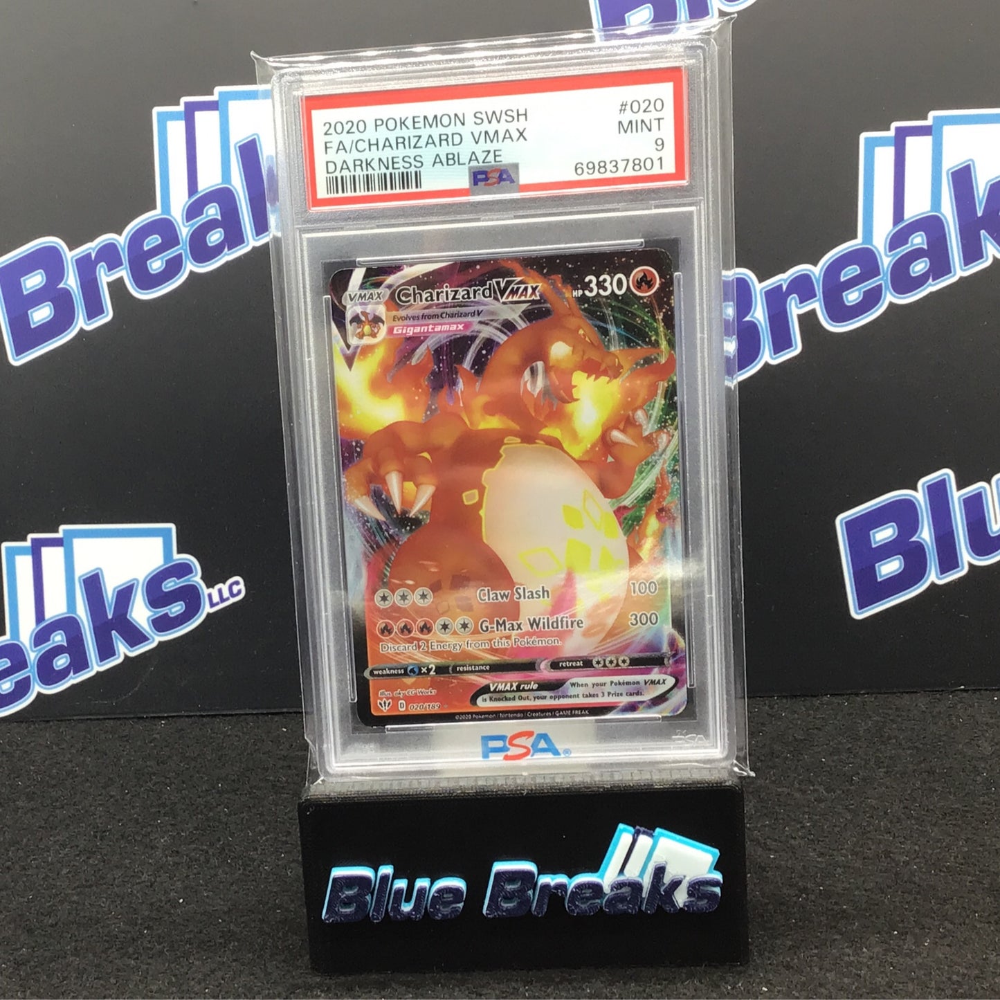 2020 Pokémon Swoosh - Full Art - Charizard - V Max - Darkness Ablaze - PSA 9