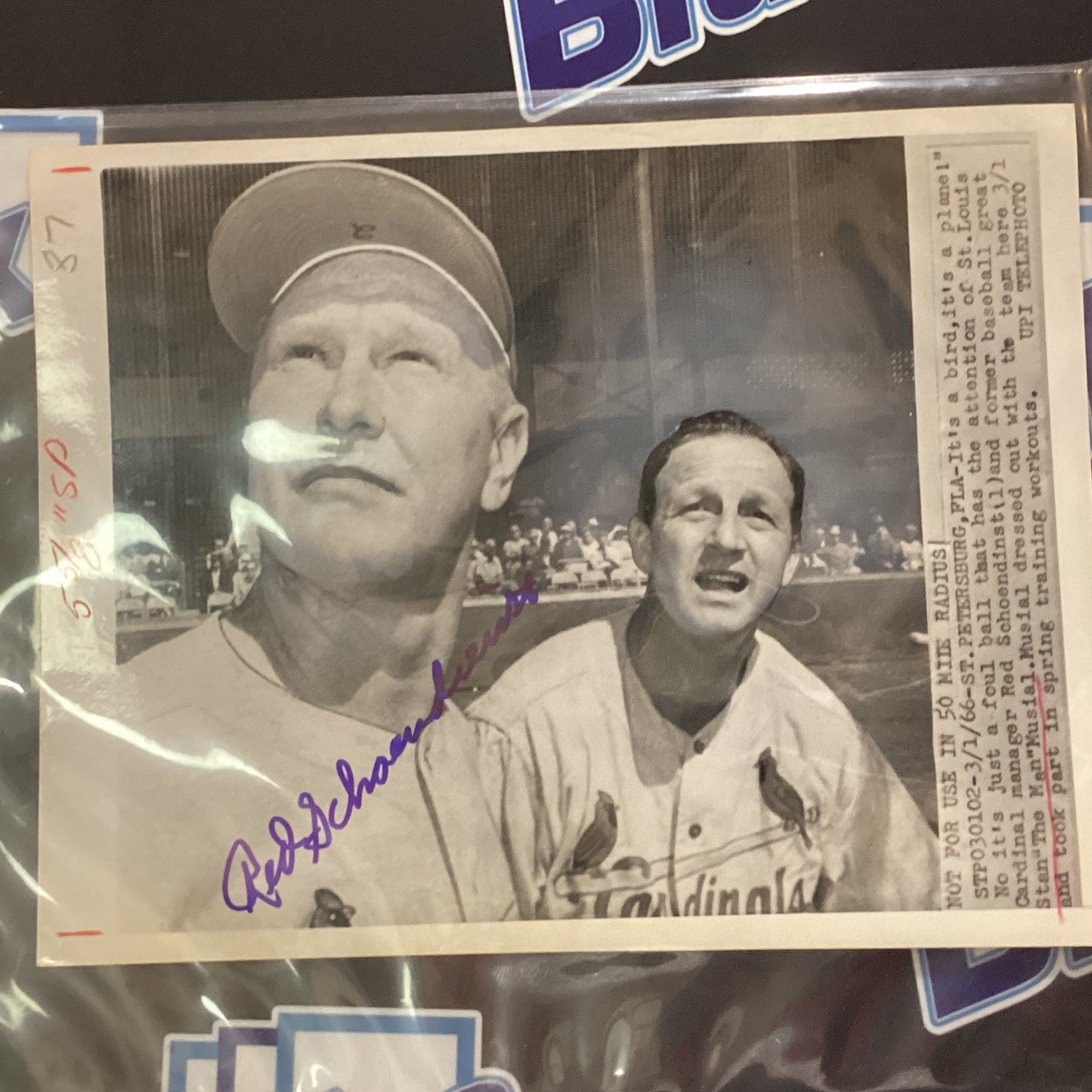 1966 Wire Photo Red Schoendinst with Stan Musial