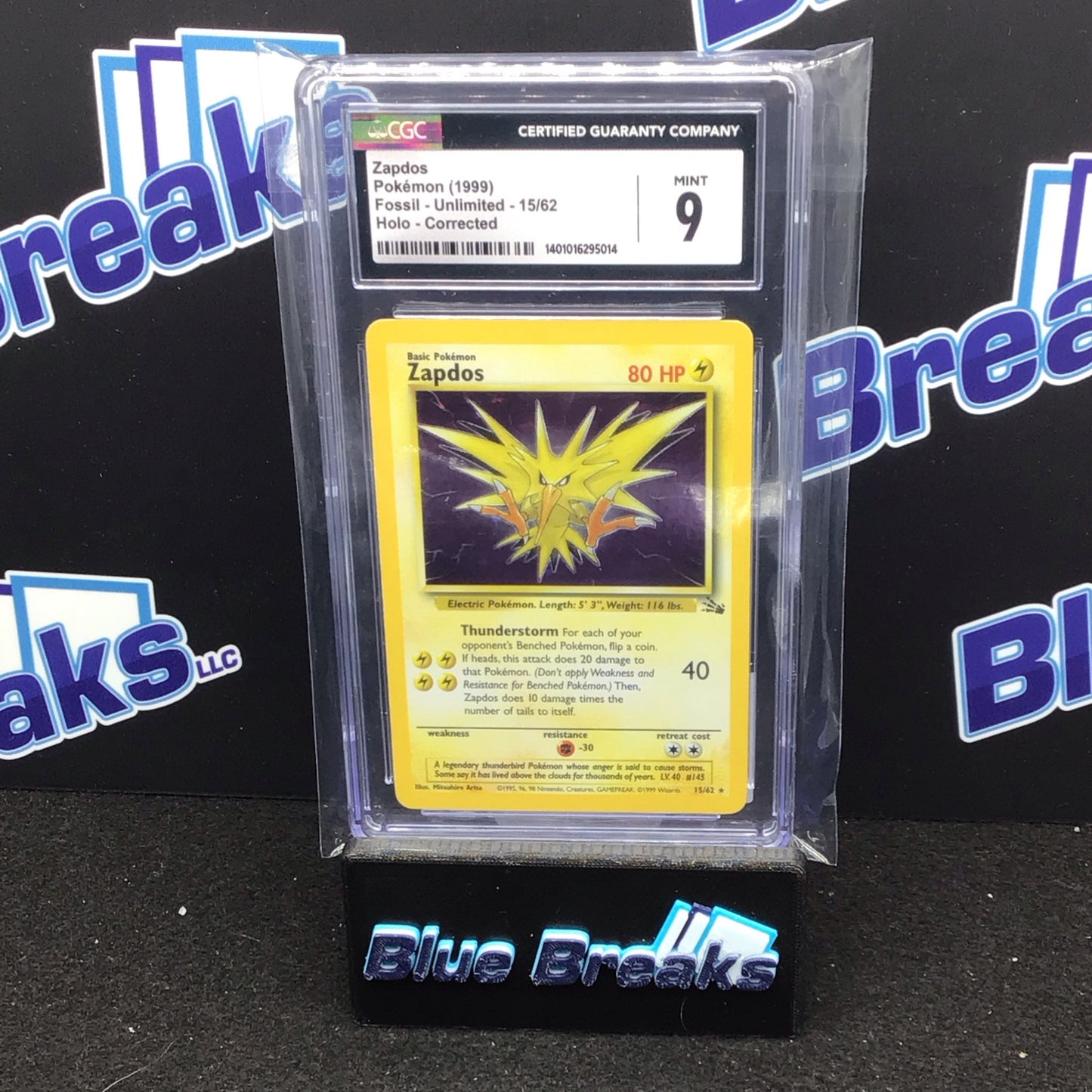 1999 Pokémon Zapados Holo Corrected Fossil Unlimited 15/62 CGC 9