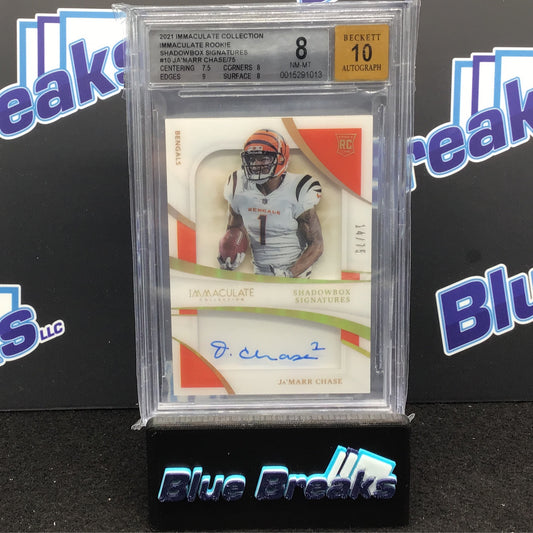 2021 Panini - Immaculate - Ja'Marr Chase - 14/75 - Shadowbox Signatures - Cincinnati Bengals - Beckett 8 / 10
