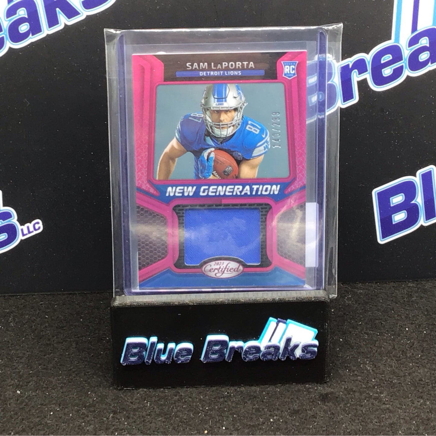 2023 Panini Certified New Generation Pink Sam Laporta Rookie Relic 140/299 #NGJM-17 Lions