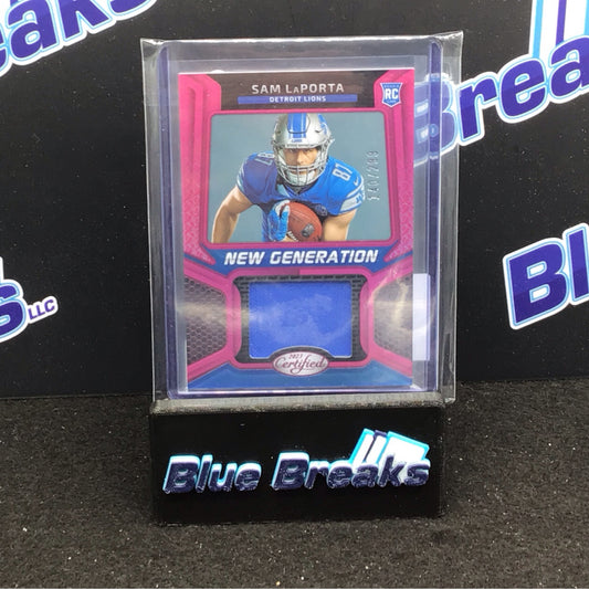 2023 Panini Certified New Generation Pink Sam Laporta Rookie Relic 140/299 #NGJM-17 Lions