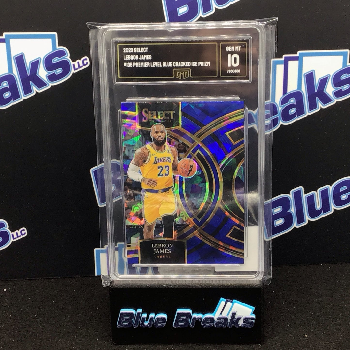 2023 Panini Select Premier Blue Level Cracked Ice Prizm Lebron James #135 GMA 10 Lakers