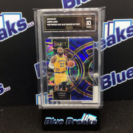 2023 Panini Select Premier Blue Level Cracked Ice Prizm Lebron James #135 GMA 10 Lakers