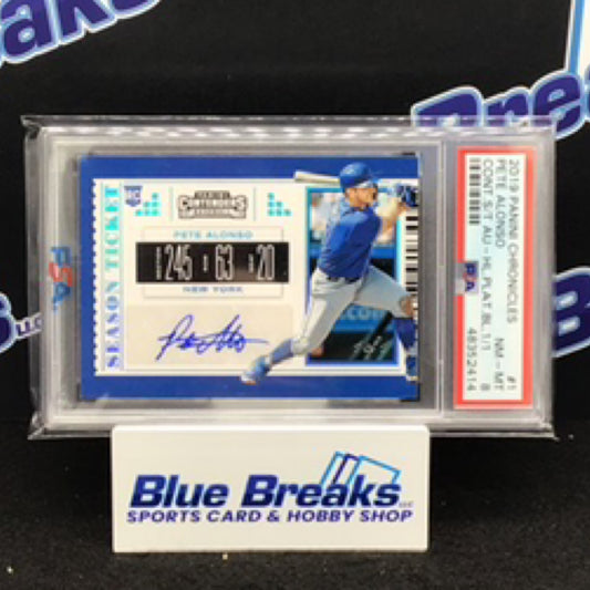 2019 Panini Chronicles Contenders Season Ticket Platinum Blue Pete Alonso auto 1/1 #1 PSA 8 Mets