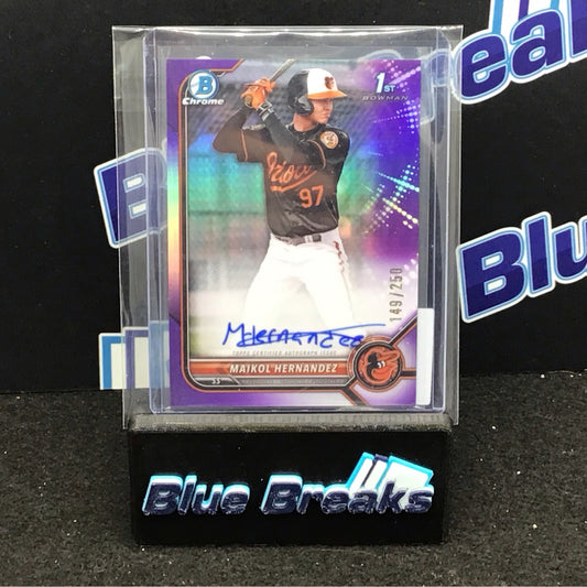 2022 Bowman Chrome 1st Bowman purple refractor Maikol Hernandez auto 149/250 #CPA-MH Orioles