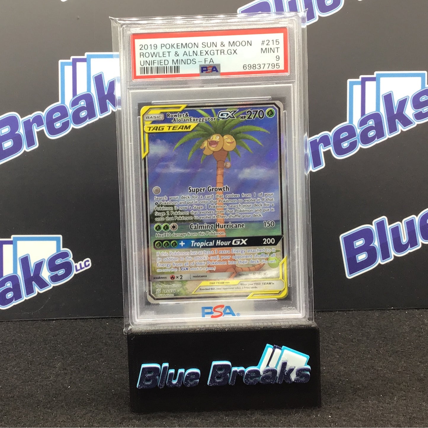 2019 Pokémon Sun & Moon - Rowlet & Alolan Exeggutor GX - Unified Minds - Full Art - PSA 9