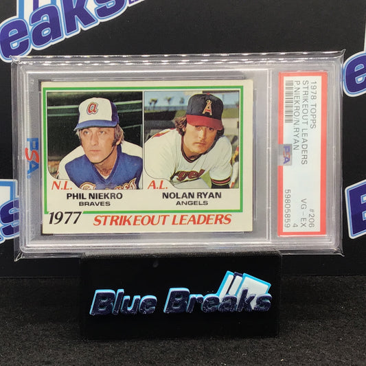 1978 Topps - Strikeout Leaders - Phil Niekro - Nolan Ryan - Atlanta Braves - Los Angeles Angels - #206 - PSA 4