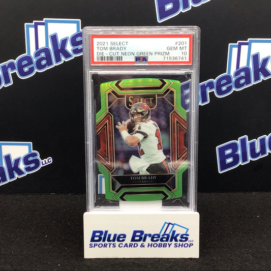 2021 Panini Select die-cut neon green prizm Tom Brady 185/349 #201 PSA 10 Buccaneers