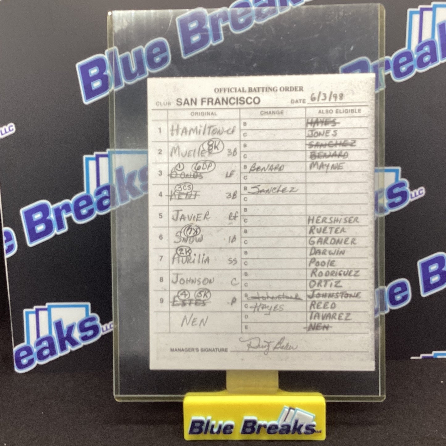 6/3/98 - San Francisco Line Up Card - Dusty Baker