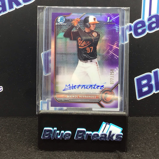 2022 Bowman Chrome 1st Bowman purple refractor Maikol Hernandez auto 077/250 #CPA-MH Orioles