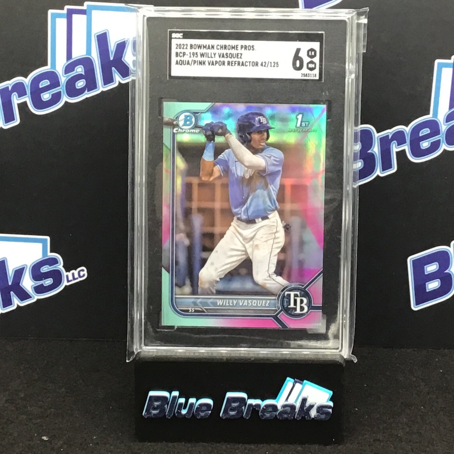 2022 Bowman Chrome Prospects Aqua/Pink Vapor Refractor Willy Vasquez 042/125 #BCP-195 SGC 6 Rays