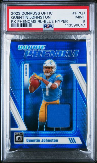 2023 Panini - Donruss Optic - Rookie Phenoms - blue hyper - Quentin Johnston - relic - #RP-QJ - PSA 9 - football - Chargers