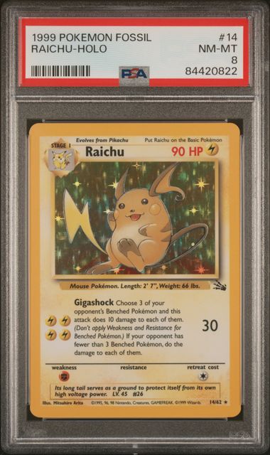 1999 Pokémon Fossil - Holo - Raichu - #14 - PSA 8