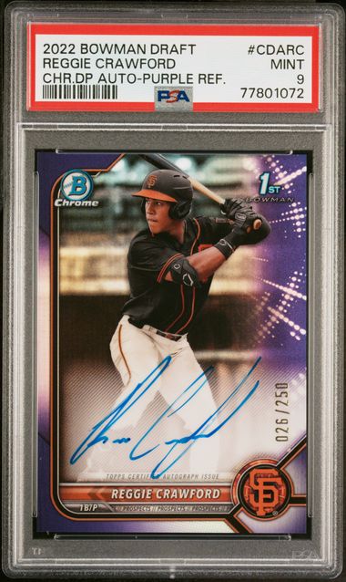 2022 Bowman Draft - 1st Bowman - Chrome Draft - purple refractor - Reggie Crawford - 026/250 - #CDA-RC - PSA 9 - baseball - Giants