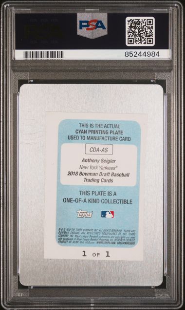 2018 Bowman Chrome Draft Picks - cyan printing plate - Anthony Seigler - auto - 1/1 - #CDA-AS - PSA authentic - baseball - Yankees