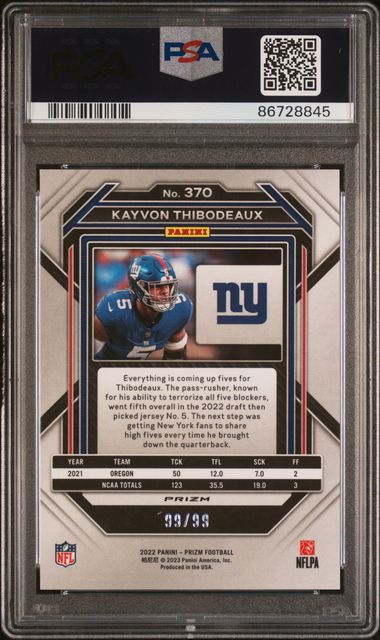2022 Panini - Prizm - blue ice - Kayvon Thibodeaux - 99/99 - RC - #370 - PSA 8 - football - Giants