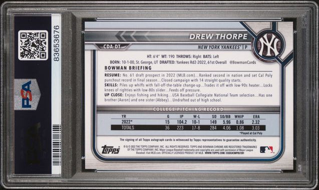 2022 Bowman Draft - 1st Bowman - Chrome Draft Pick - Drew Thorpe - auto - #CDA-DT - PSA 10 - baseball - Yankees