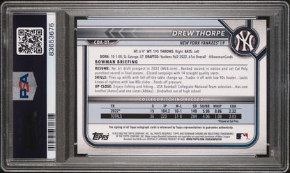 2022 Bowman Draft - 1st Bowman - Chrome Draft Pick - Drew Thorpe - auto - #CDA-DT - PSA 10 - baseball - Yankees